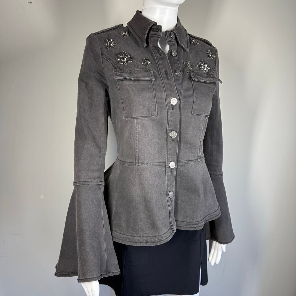 Scripted Faded Black Gray Jeweled Denim Jacket Peplum Bottom Bell Sleeves XS